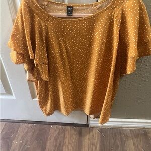 SHEIN Mustard Polka Dot Blouse with Ruffle Sleeves